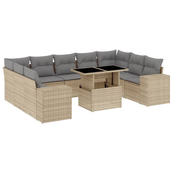 vidaXL 10-tlg. Garten-Sofagarnitur mit Kissen Beige Poly Rattan