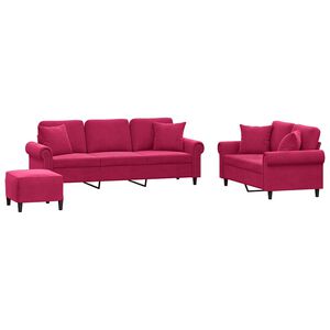 vidaXL 3-tlg. Sofagarnitur mit Kissen Weinrot Samt