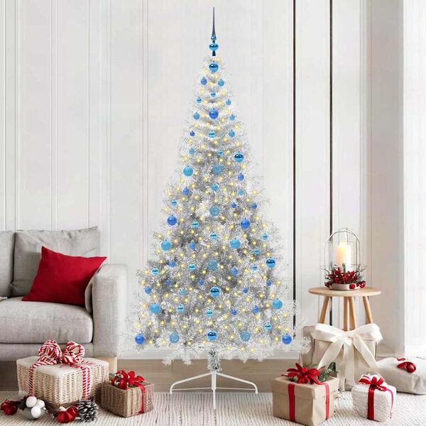 vidaXL K&uuml;nstlicher vorbeleuchteter Weihnachtsbaum Silber 210 cm PET