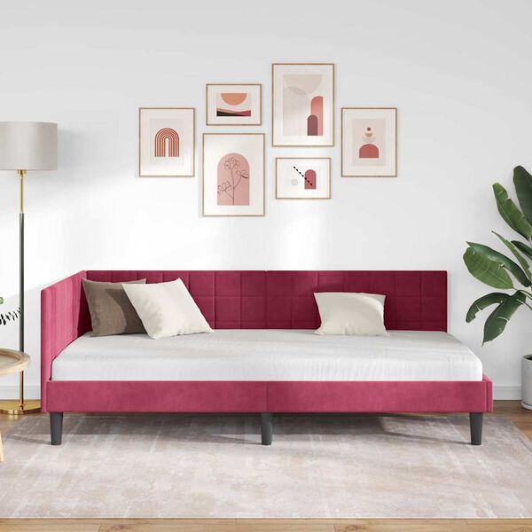 vidaXL Eckbettgestell mit Kopfteil Weinrot 100 cm x 200 cm Samt