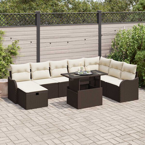 vidaXL Garten-Sofa-Set mit Kissen mit Speicher 9 pcs Braun Poly Rattan