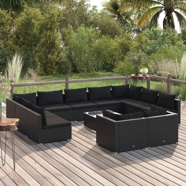 vidaXL 12-tlg. Garten-Lounge-Set mit Kissen Schwarz Poly Rattan
