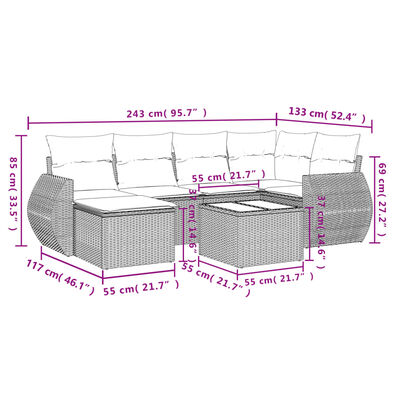 vidaXL 7-tlg. Garten-Sofagarnitur mit Kissen Schwarz Poly Rattan