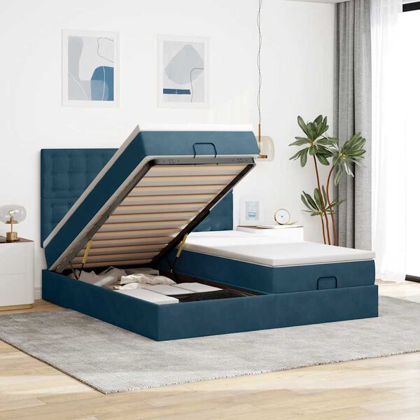 vidaXL Ottoman-Bett mit Matratzen & LEDs Dunkelblau 160x200 cm Samt
