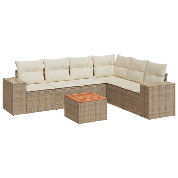 vidaXL 7-tlg. Garten-Sofagarnitur mit Kissen Beige Poly Rattan
