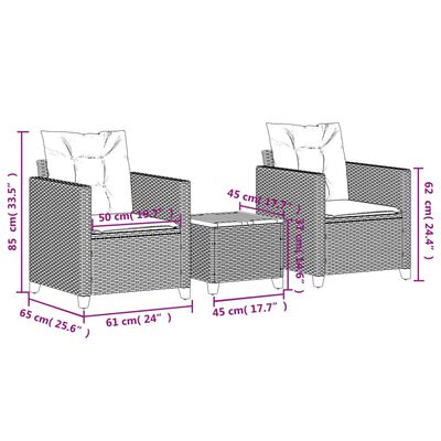 vidaXL 3-tlg. Bistro-Set mit Kissen Schwarz Poly Rattan Akazienholz