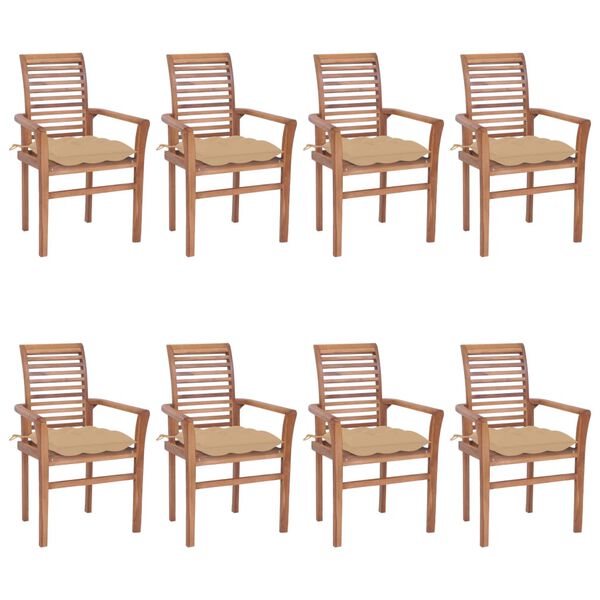 vidaXL Essst&uuml;hle 8 Stk. mit Beigen Kissen Massivholz Teak