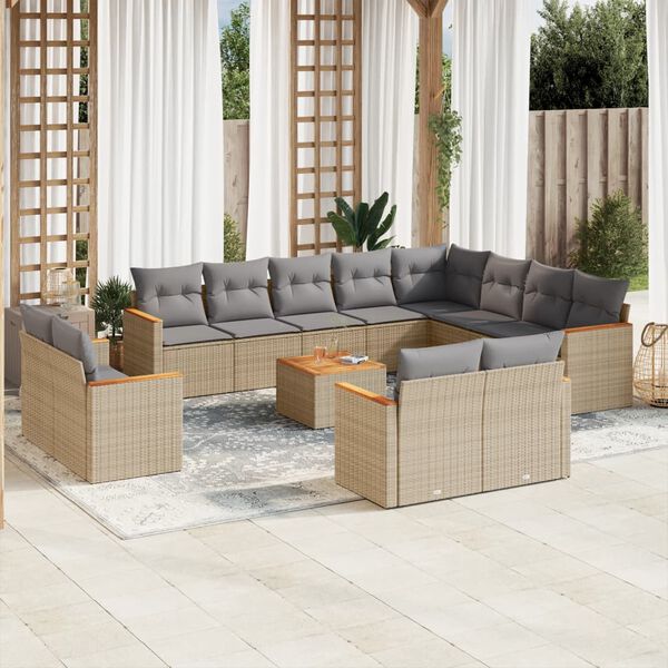 vidaXL 13-tlg. Garten-Sofagarnitur mit Kissen Beige Poly Rattan