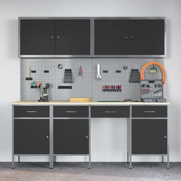 vidaXL Werkbank mit Schubladen 10 pcs Schwarz 200 x 55 x 200 cm Stahl