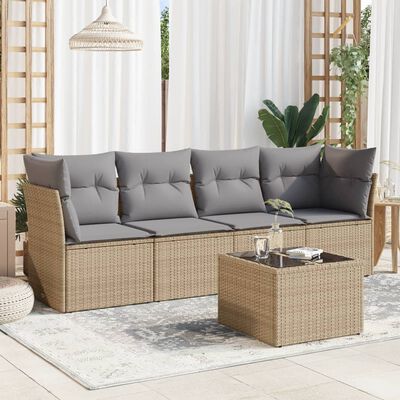 vidaXL 5-tlg. Garten-Sofagarnitur mit Kissen Beige Poly Rattan