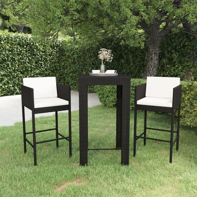 vidaXL 3-tlg. Gartenbar-Set mit Kissen Poly Rattan Schwarz