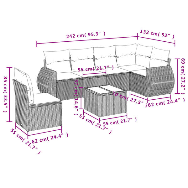 vidaXL 7-tlg. Garten-Sofagarnitur mit Kissen Beige Poly Rattan