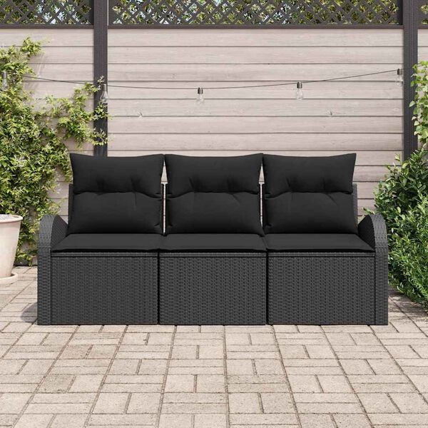 vidaXL Garten-Sofa-Set mit Kissen 3 pcs Schwarz Poly Rattan