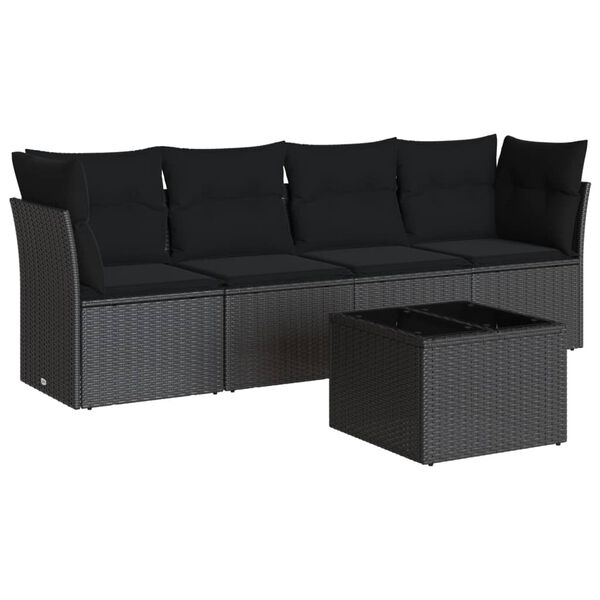 vidaXL 5-tlg. Garten-Sofagarnitur mit Kissen Schwarz Poly Rattan