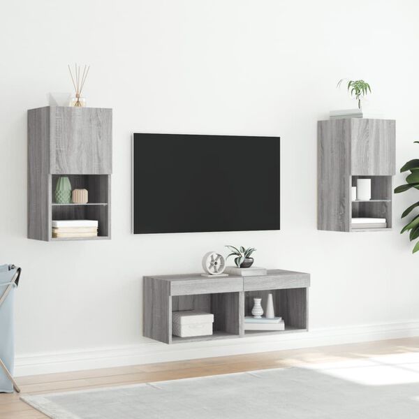 vidaXL 4-tlg. TV-Wohnwand mit LED-Leuchten Grau Sonoma