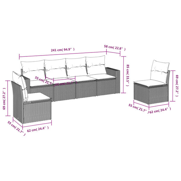 vidaXL 6-tlg. Garten-Sofagarnitur mit Kissen Grau Poly Rattan
