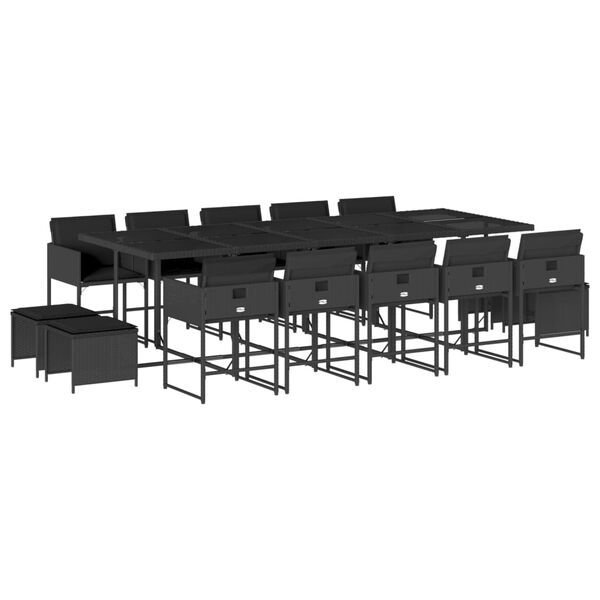 vidaXL 15-tlg. Garten-Essgruppe mit Kissen Schwarz Poly Rattan