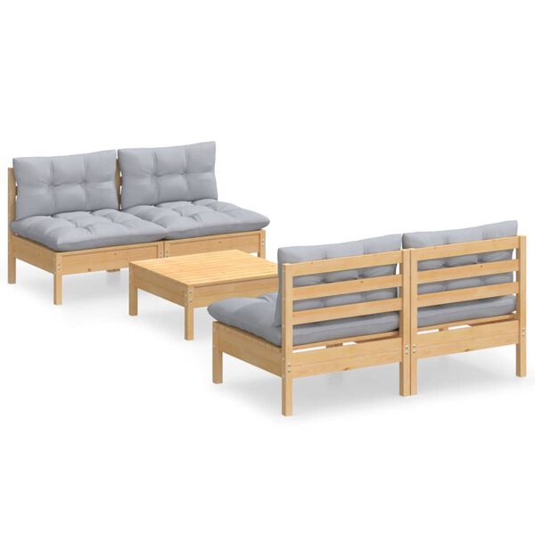 vidaXL 5-tlg. Garten-Lounge-Set mit Grauen Kissen Kiefernholz