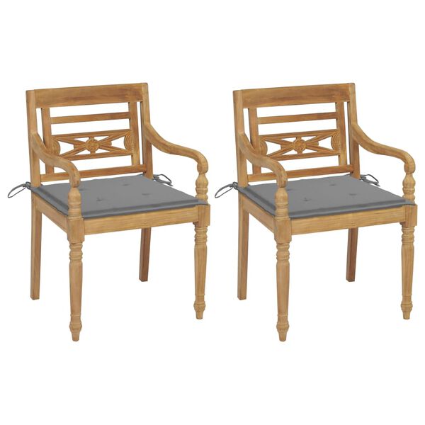 vidaXL Batavia-St&uuml;hle 2 Stk. mit Grauen Kissen Teak Massivholz