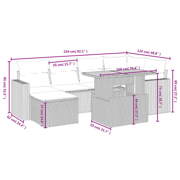 vidaXL 7-tlg. Garten-Sofagarnitur mit Kissen Grau Poly Rattan