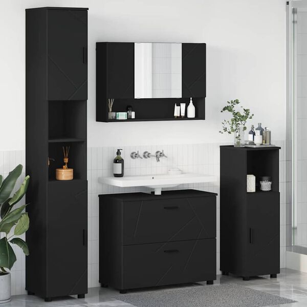 vidaXL Badezimmerm&ouml;bel-Set mit T&uuml;r 4 pcs Schwarz Sperrholz und Metall