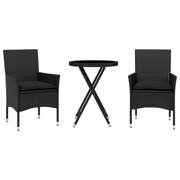 vidaXL 3-tlg. Bistro-Set mit Kissen Schwarz Poly Rattan und Glas