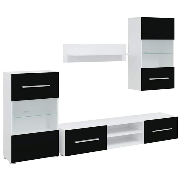 vidaXL 5-tlg. Wohnwand mit LED-Beleuchtung Mattschwarz Holzwerkstoff