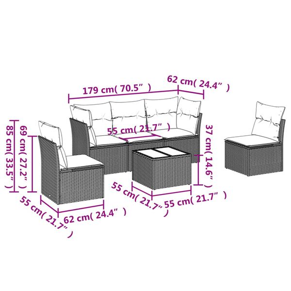 vidaXL 6-tlg. Garten-Sofagarnitur mit Kissen Schwarz Poly Rattan