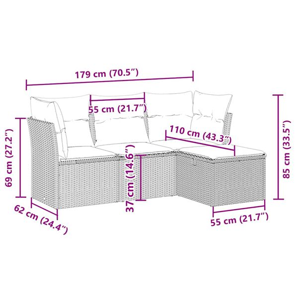 vidaXL 4-tlg. Garten-Sofagarnitur mit Kissen Hellgrau Poly Rattan