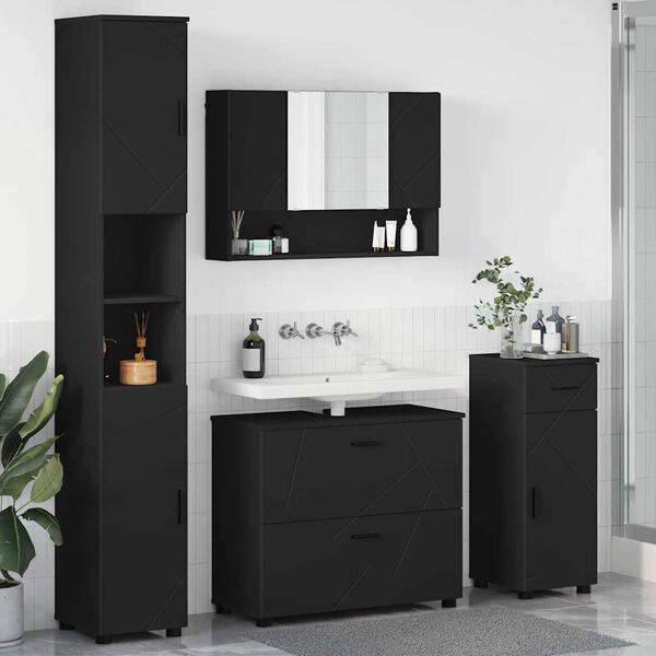 vidaXL Badezimmerm&ouml;bel-Set mit T&uuml;r 4 pcs Schwarz Sperrholz und Metall