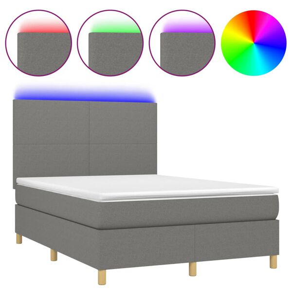 vidaXL Boxspringbett mit Matratze & LED Dunkelgrau 140x200 cm Stoff