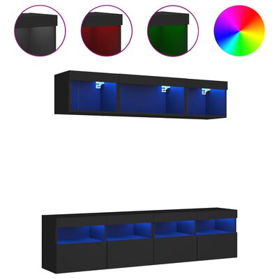 vidaXL 5-tlg. Wohnwand mit LED-Beleuchtung Schwarz Holzwerkstoff