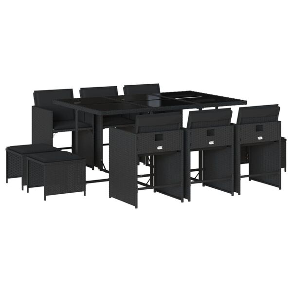 vidaXL 11-tlg. Garten-Essgruppe mit Kissen Schwarz Poly Rattan