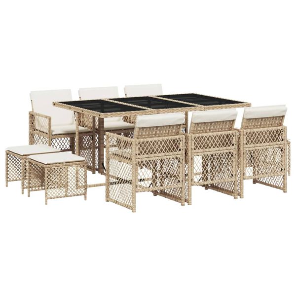 vidaXL 11-tlg. Garten-Essgruppe mit Kissen Beige Poly Rattan