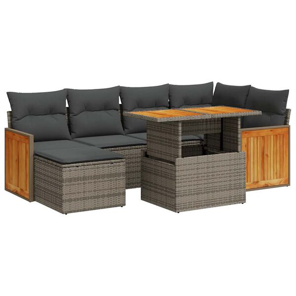 vidaXL 7-tlg. Garten-Sofagarnitur mit Kissen Grau Poly Rattan Akazie