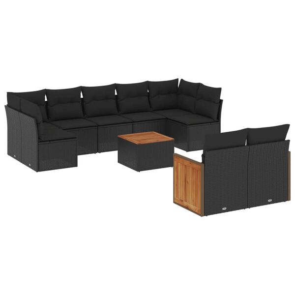 vidaXL 10-tlg. Garten-Sofagarnitur mit Kissen Schwarz Poly Rattan