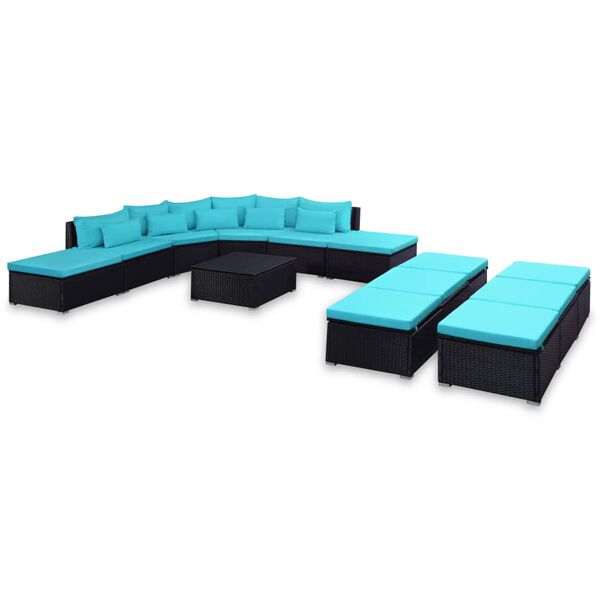 vidaXL 9-tlg. Garten-Sofagarnitur mit Kissen Blau Poly Rattan