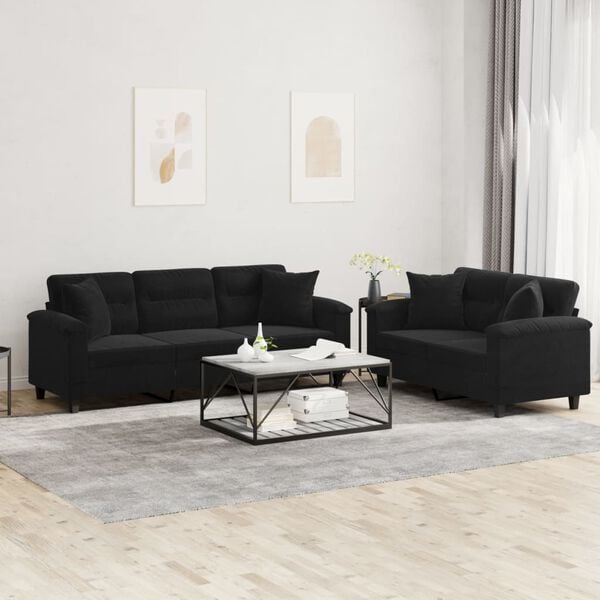 vidaXL 2-tlg. Sofagarnitur mit Kissen Schwarz Mikrofasergewebe