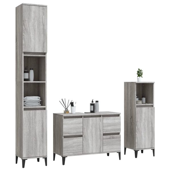 vidaXL 3-tlg. Badm&ouml;bel-Set Grau Sonoma Holzwerkstoff