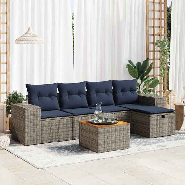 vidaXL 6-tlg. Garten-Sofagarnitur mit Kissen Grau Poly Rattan