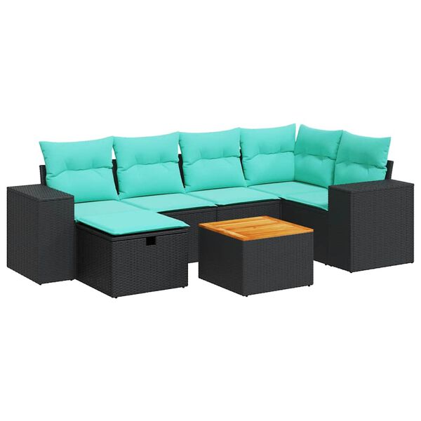 vidaXL 7-tlg. Garten-Sofagarnitur mit Kissen Schwarz Poly Rattan