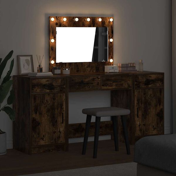 vidaXL Schminktisch mit Spiegelbeleuchtung 3 pcs Braun Holzwerkstoff