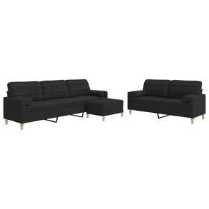 vidaXL 3-tlg. Sofagarnitur mit Fu&szlig;hocker & Dekokissen Schwarz Stoff
