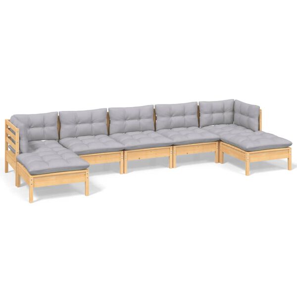 vidaXL 7-tlg. Garten-Lounge-Set mit Grauen Kissen Kiefernholz