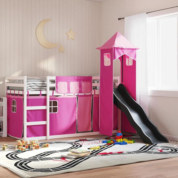 vidaXL Etagenbett mit Rutsche und Gardinen Rosa 90x200 cm