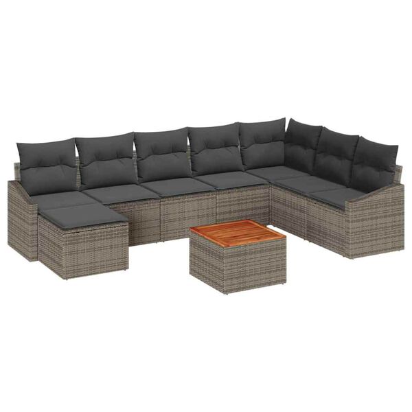 vidaXL Garten-Sofa-Set mit Kissen 9 pcs Grau Poly Rattan