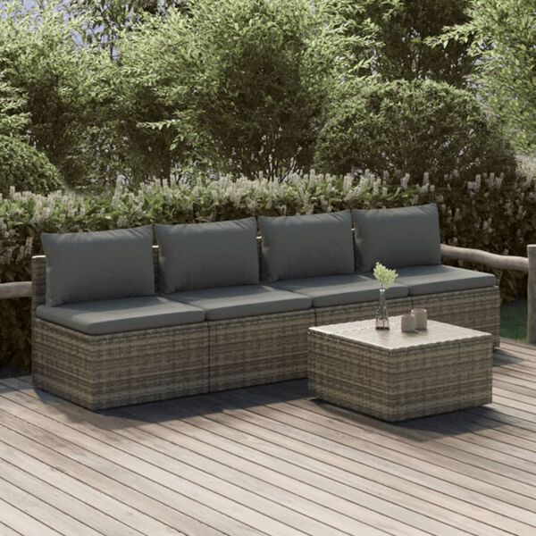 vidaXL 5-tlg. Garten-Lounge-Set mit Kissen Grau Poly Rattan