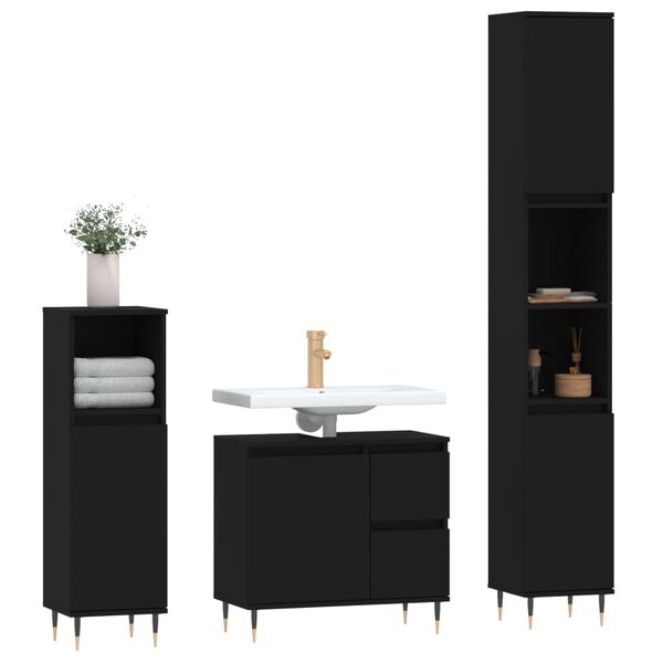 vidaXL 3-tlg. Badm&ouml;bel-Set Schwarz Holzwerkstoff