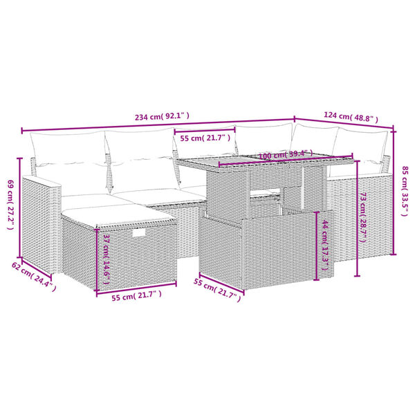 vidaXL 7-tlg. Garten-Sofagarnitur mit Kissen Grau Poly Rattan