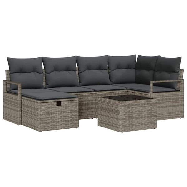 vidaXL Garten-Sofa-Set mit Kissen mit Speicher 7 pcs Grau Poly Rattan